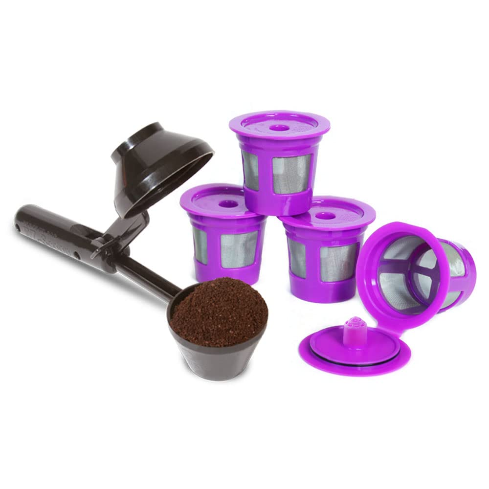 2-Item Bundle: 4-Pack Cafe Save Reusable K Cup Coffee Filters + EZ-Scoop 2 Tbsp Scoop with Integrated Funnel, Refillable Pod Capsule For Use with Keurig & Select Single Cup Coffee Maker