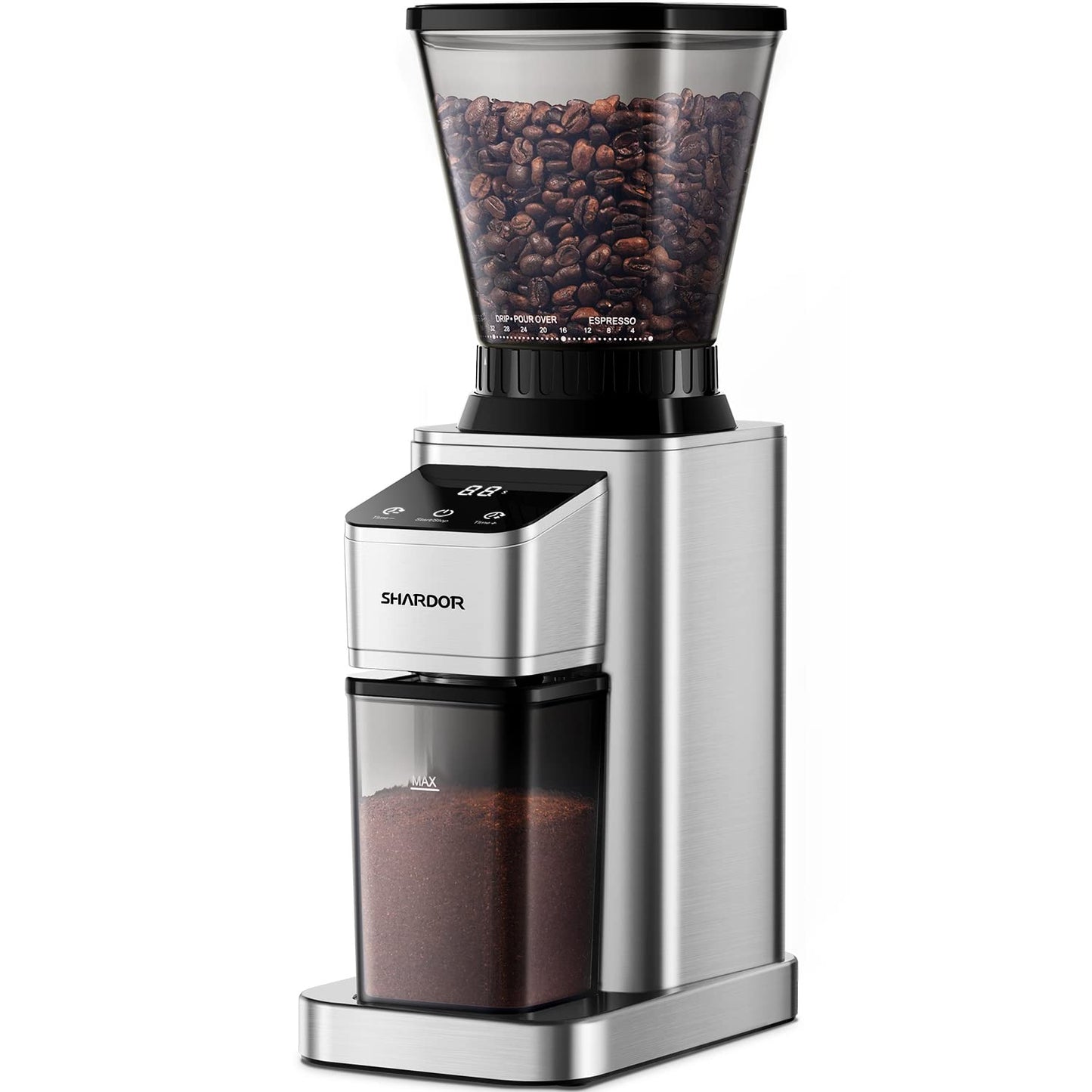 SHARDOR Conical Burr Coffee Grinder Electric, Adjustable Touchscreen Burr Mill with 48 Precise Settings, Precision Electronic Timer, Anti-static, Brushed Stainless Steel