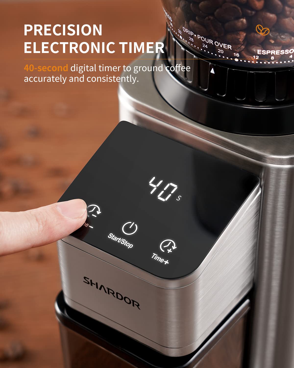 SHARDOR Conical Burr Coffee Grinder Electric, Adjustable Touchscreen Burr Mill with 48 Precise Settings, Precision Electronic Timer, Anti-static, Brushed Stainless Steel