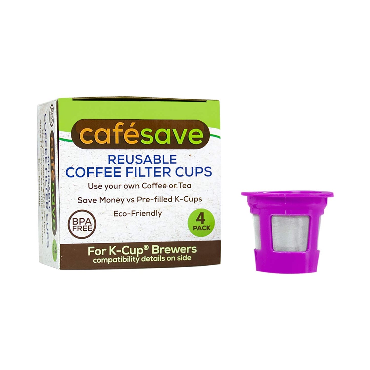 2-Item Bundle: 4-Pack Cafe Save Reusable K Cup Coffee Filters + EZ-Scoop 2 Tbsp Scoop with Integrated Funnel, Refillable Pod Capsule For Use with Keurig & Select Single Cup Coffee Maker