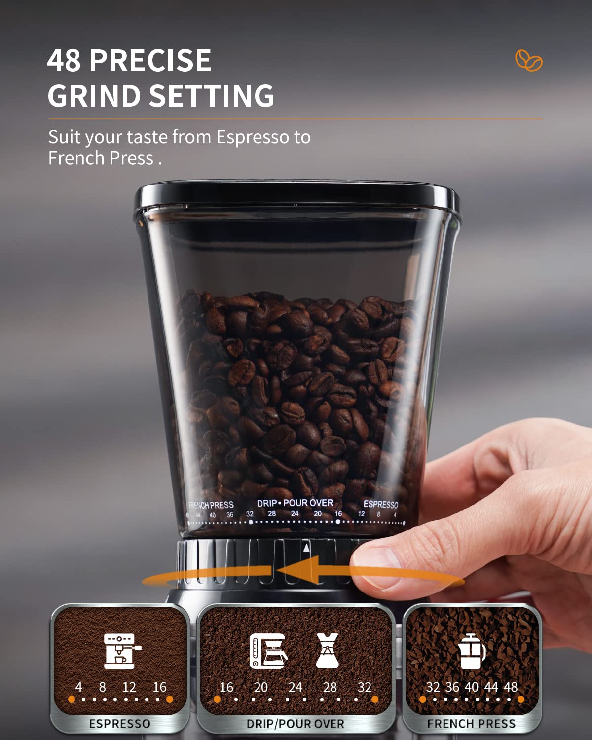 SHARDOR Conical Burr Coffee Grinder Electric, Adjustable Touchscreen Burr Mill with 48 Precise Settings, Precision Electronic Timer, Anti-static, Brushed Stainless Steel