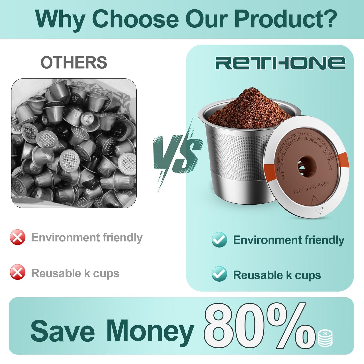 RETHONE K Cup Reusable Coffee Pods, Stainless Steel Reusable K Cups Compatible with Keurig 1.0 & 2.0 Coffee Machines Brewers Refillable K Cups (2 Pack)