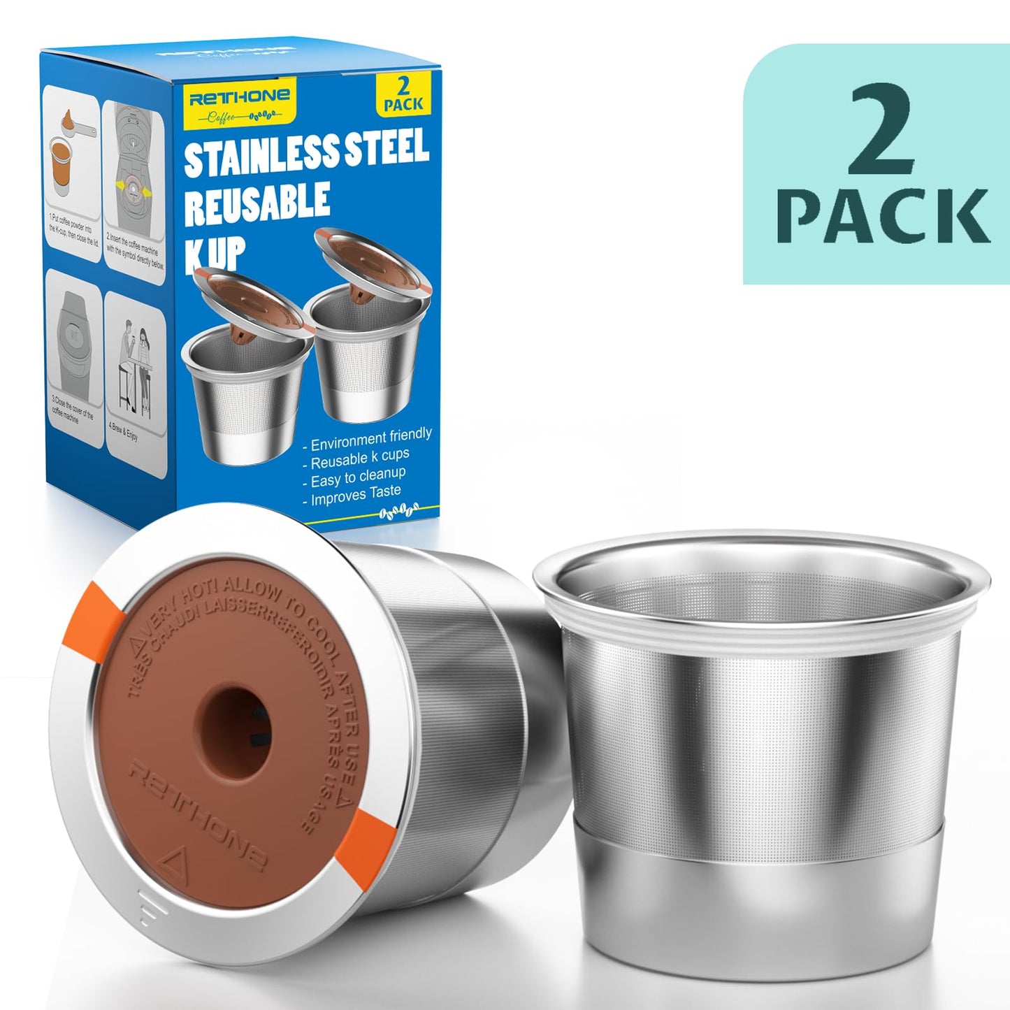 RETHONE K Cup Reusable Coffee Pods, Stainless Steel Reusable K Cups Compatible with Keurig 1.0 & 2.0 Coffee Machines Brewers Refillable K Cups (2 Pack)