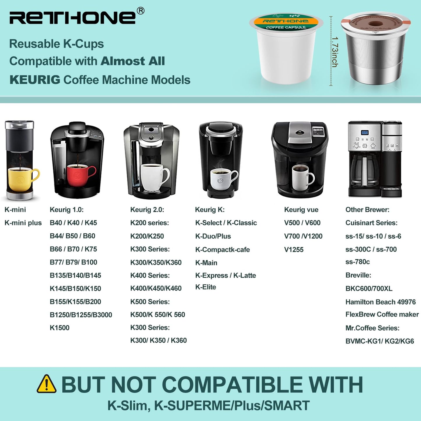 RETHONE K Cup Reusable Coffee Pods, Stainless Steel Reusable K Cups Compatible with Keurig 1.0 & 2.0 Coffee Machines Brewers Refillable K Cups (2 Pack)