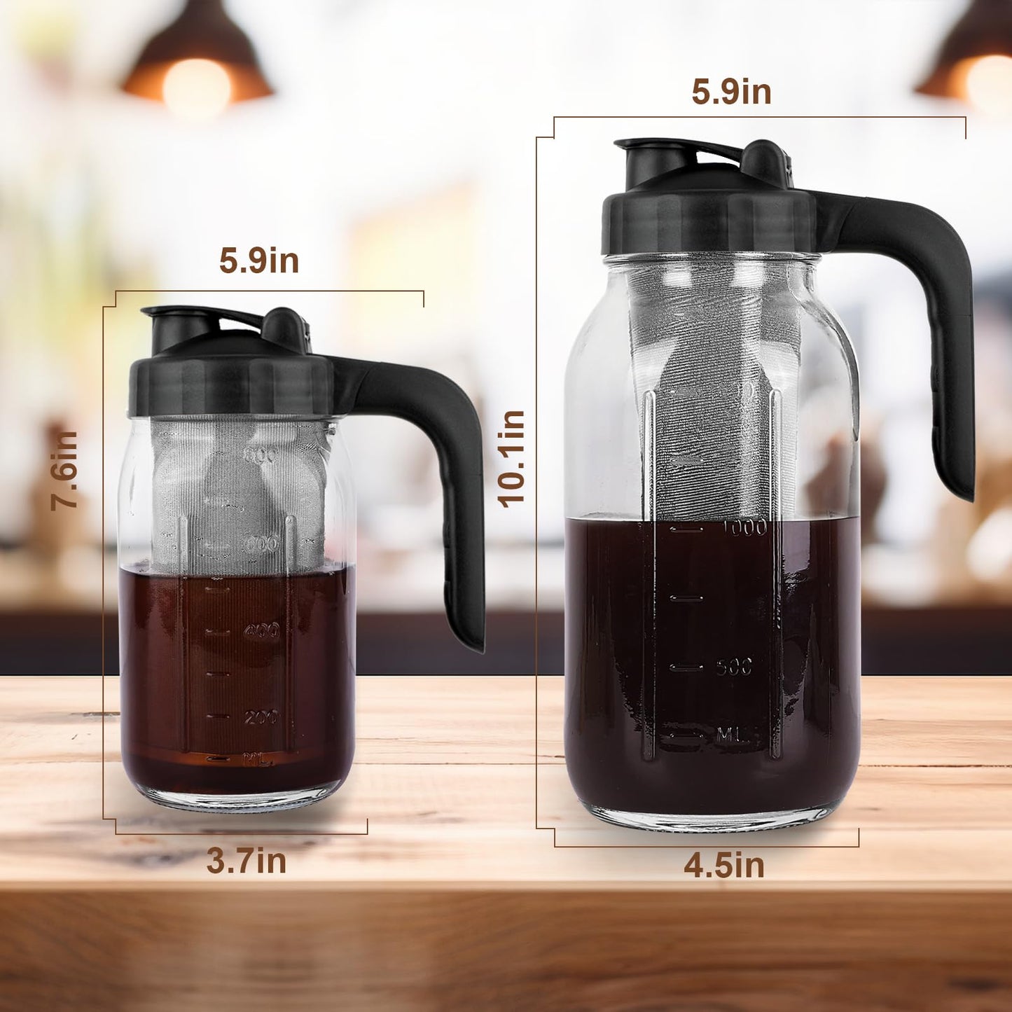 Cold Brew Coffee Maker Pitcher,64 Oz Heavy Duty Glass Mason Jar Pitcher with Pour Spout Handle Lid ，Stainless Steel Filter for Iced Coffee,Iced tea,Fruit Drinks，lemonade - Black