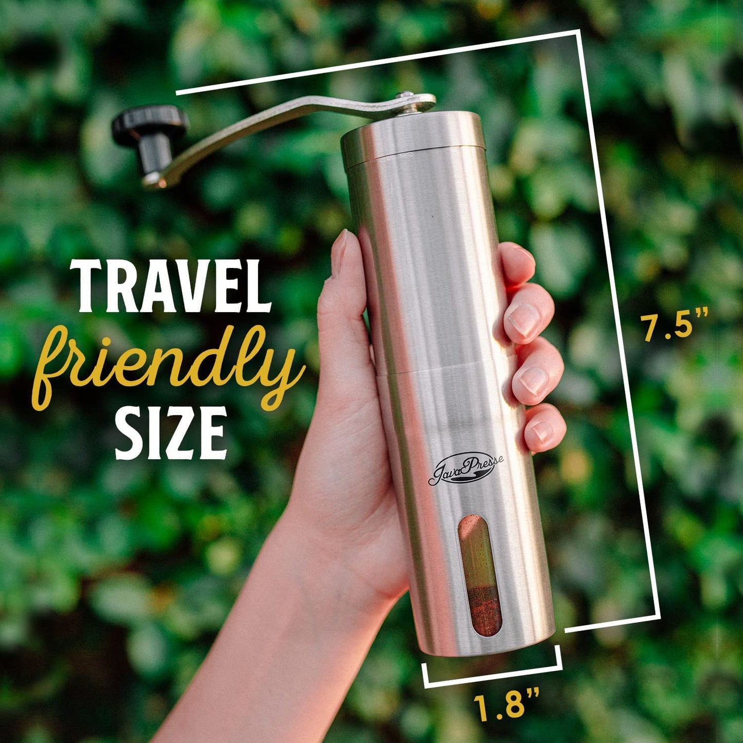 JavaPresse Manual Stainless Steel Coffee Grinder - 18 Adjustable Settings, Portable Conical Burr Grinder for Camping, Travel, Espresso - With Hand Crank