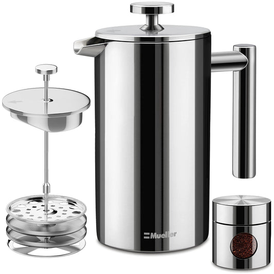 Mueller French Press Coffee Maker 34oz, Stainless Steel French Press Coffee, 4 Filter Heat Resistant Double Insulated, Rust-Free, Food Grade, Dishwasher Safe Coffee Pot