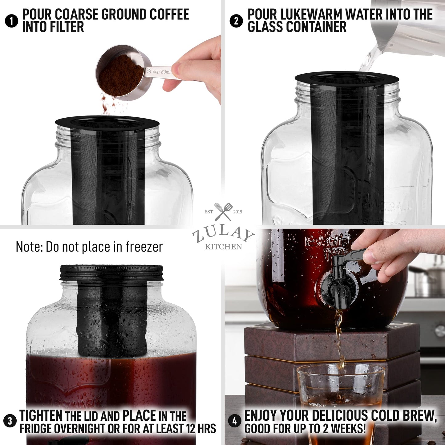 Zulay Kitchen 1 Gallon Cold Brew Coffee Maker - Large Iced Tea & Cold Brew Pitcher with Extra-Thick Glass & Stainless Steel Infuser - Drink & Beverage Dispenser Jar with Airtight Lid & Spout (Black)