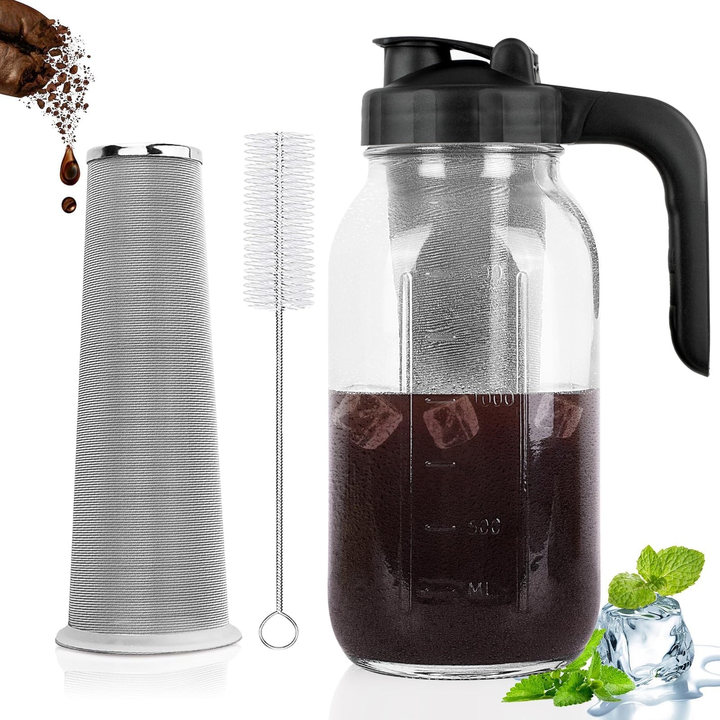 Cold Brew Coffee Maker Pitcher,64 Oz Heavy Duty Glass Mason Jar Pitcher with Pour Spout Handle Lid ，Stainless Steel Filter for Iced Coffee,Iced tea,Fruit Drinks，lemonade - Black