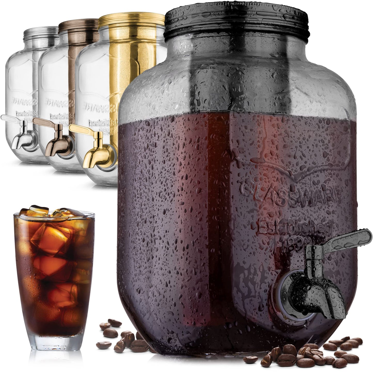 Zulay Kitchen 1 Gallon Cold Brew Coffee Maker - Large Iced Tea & Cold Brew Pitcher with Extra-Thick Glass & Stainless Steel Infuser - Drink & Beverage Dispenser Jar with Airtight Lid & Spout (Black)