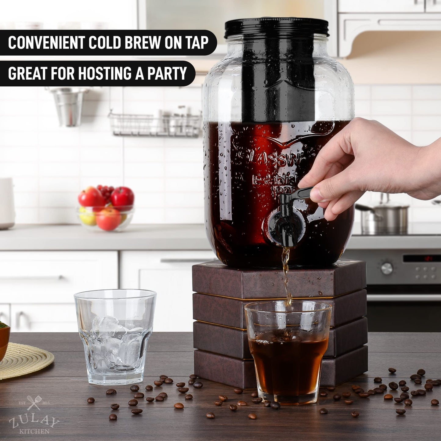 Zulay Kitchen 1 Gallon Cold Brew Coffee Maker - Large Iced Tea & Cold Brew Pitcher with Extra-Thick Glass & Stainless Steel Infuser - Drink & Beverage Dispenser Jar with Airtight Lid & Spout (Black)