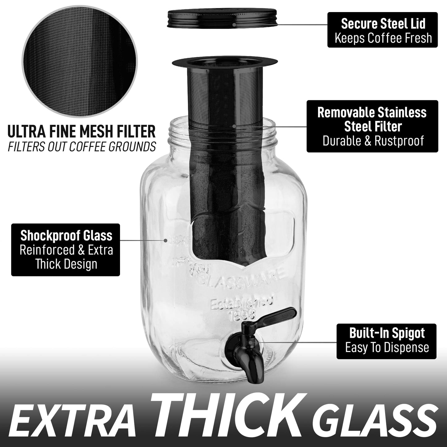 Zulay Kitchen 1 Gallon Cold Brew Coffee Maker - Large Iced Tea & Cold Brew Pitcher with Extra-Thick Glass & Stainless Steel Infuser - Drink & Beverage Dispenser Jar with Airtight Lid & Spout (Black)